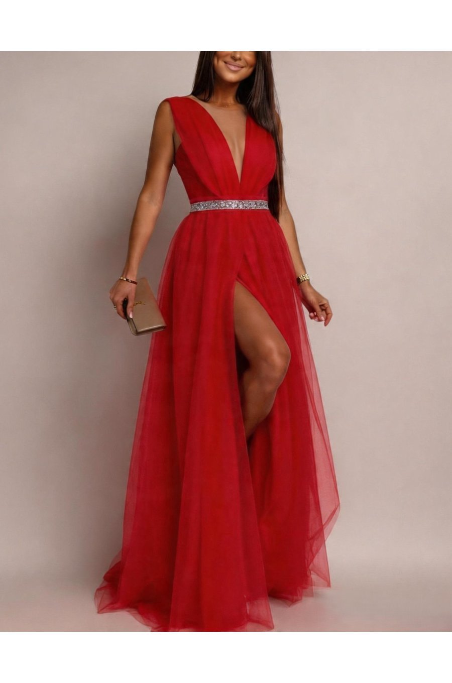 Rochie lunga rosie din tulle Adele 1 - jojofashion.ro