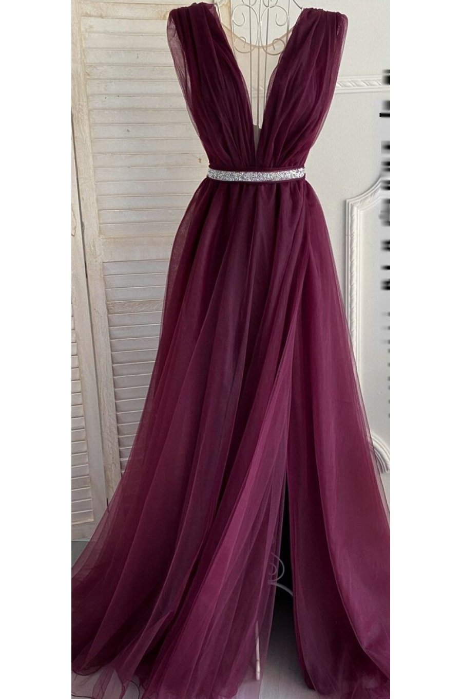 Rochie de seara eleganta lunga tul mov pruna  Adele 1 - jojofashion.ro