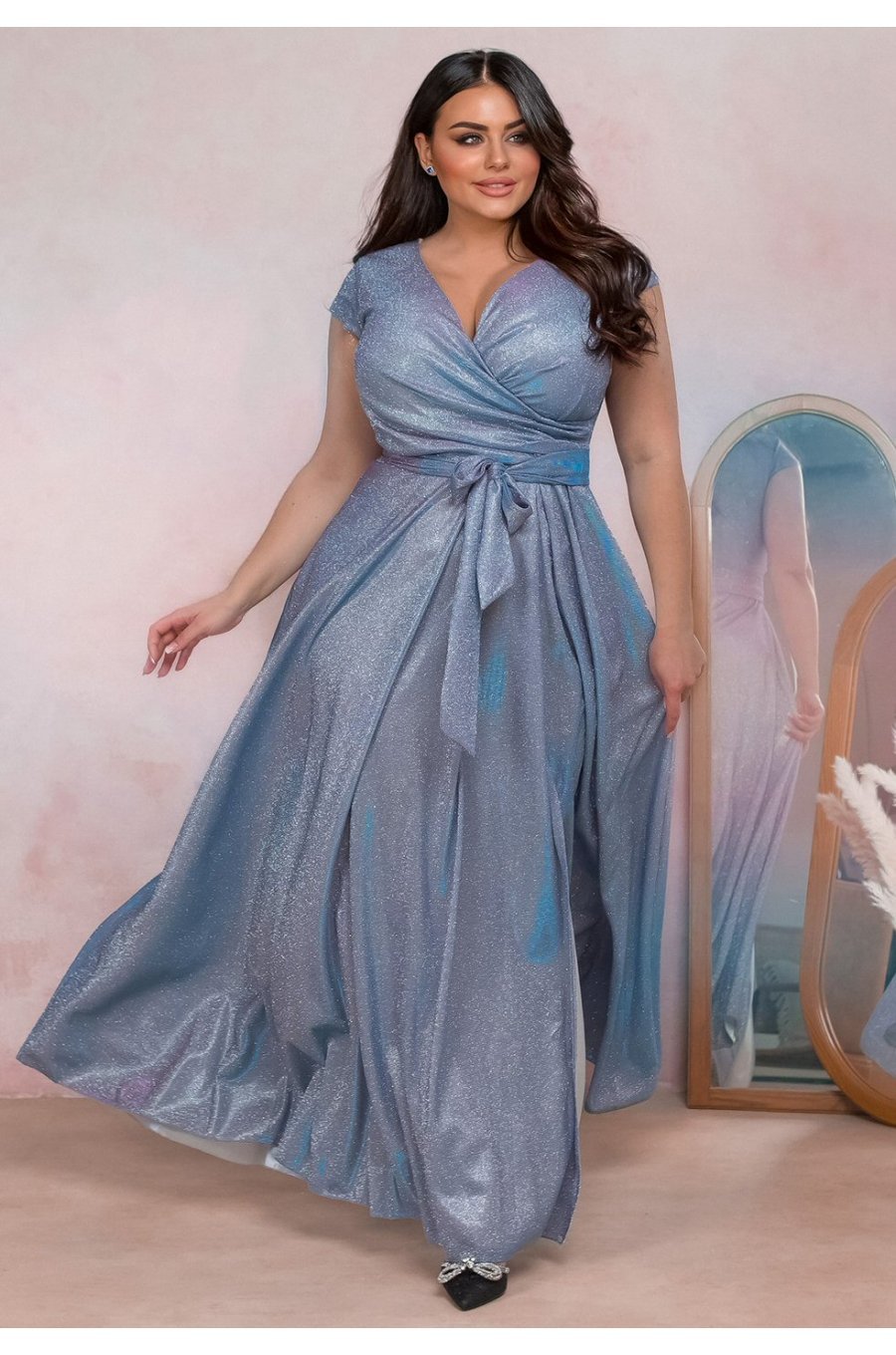 Rochie eleganta in marimi mari, lunga, bleu cu glitter si reflexii roz, AmandaW 1 - jojofashion.ro