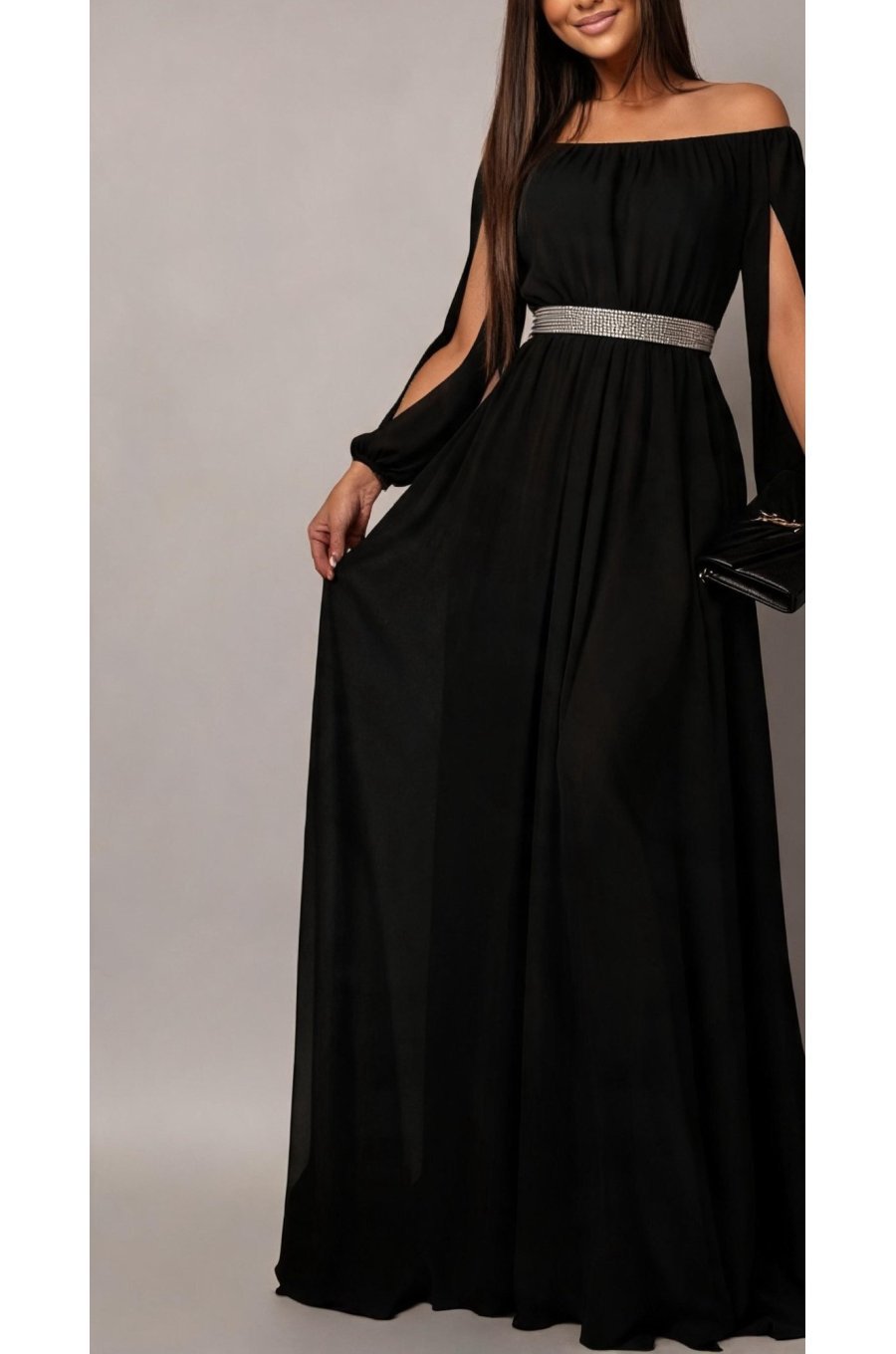 Rochie lunga neagra din voal vaporoasa Afrodita 2 - jojofashion.ro
