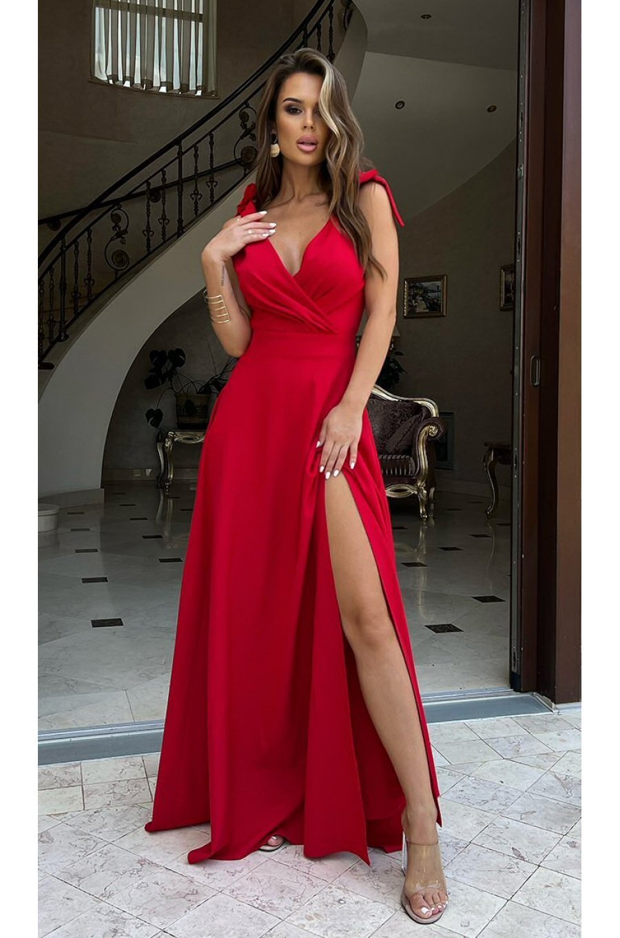 Rochie eleganta lunga, din vascoza rosie, crapata pe picior, petrecuta, Andra 1 - jojofashion.ro