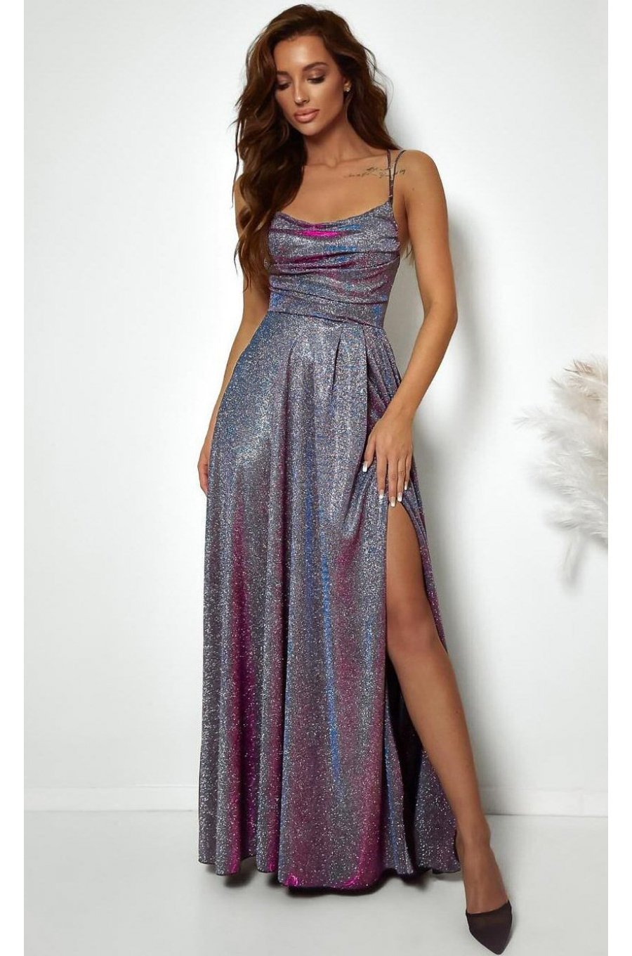 Rochie lunga din glitter argintie cu reflexii cu bust tip corset ValeriaLux 1 - jojofashion.ro