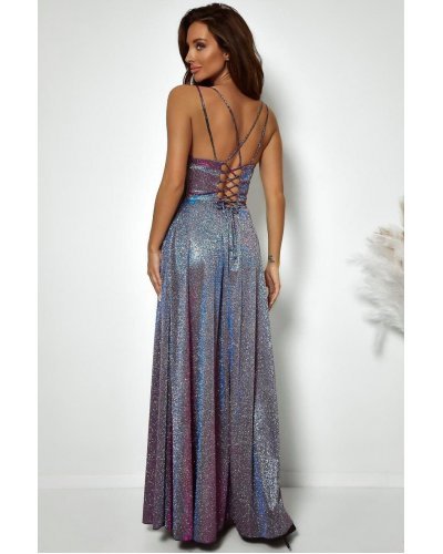 Rochie lunga din glitter argintie cu reflexii cu bust tip corset ValeriaLux Rochii lungi, Rochie lunga din glitter argintie cu reflexii cu bust tip corset ValeriaLux - jojofashion.ro