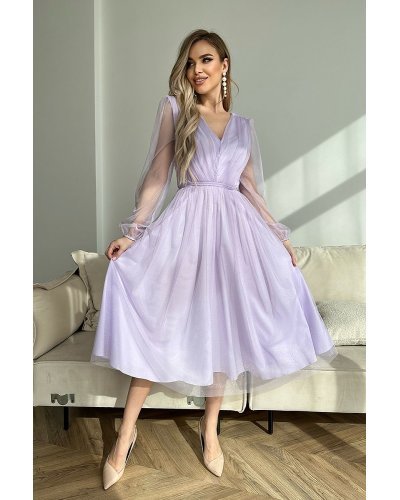 Rochii midi, Rochie midi din tul cu glitter lila cu maneca lunga Petra - jojofashion.ro