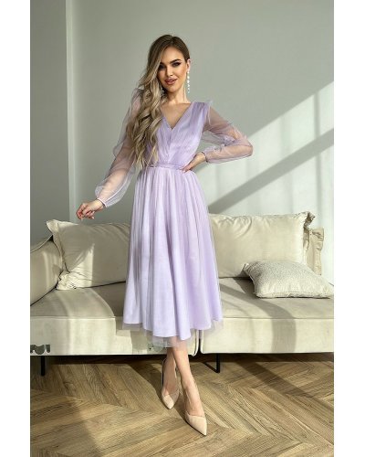 Rochii midi, Rochie midi din tul cu glitter lila cu maneca lunga Petra - jojofashion.ro