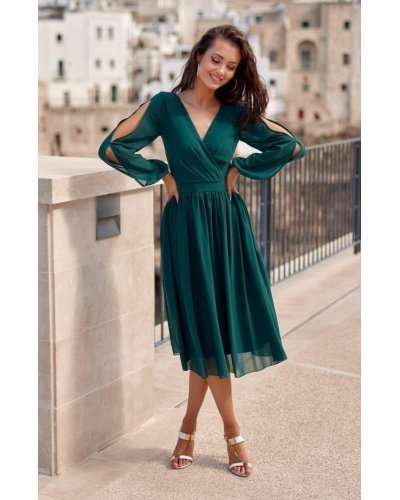 Rochie midi din voal verde, cu maneca lunga, vaporoasa, Melen Rochii de zi, Rochie midi din voal verde, cu maneca lunga, vaporoasa, Melen - jojofashion.ro