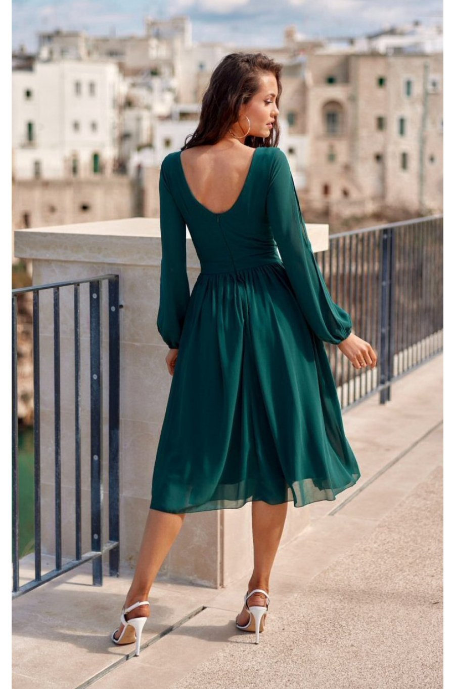 Rochie midi din voal verde, cu maneca lunga, vaporoasa, Melen 2 - jojofashion.ro