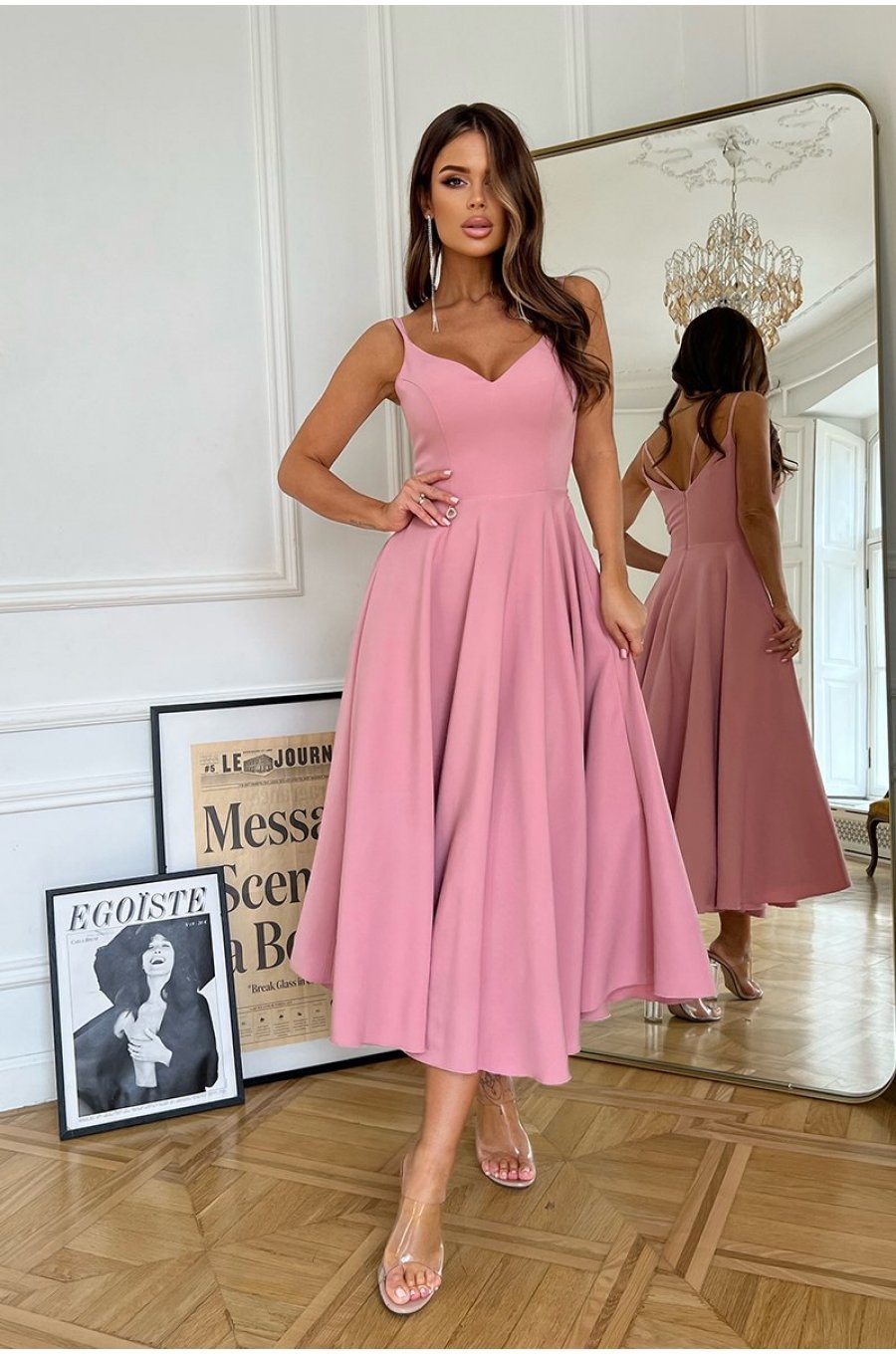 Rochie midi roz pudra vaporoasa cu umerii goi Fabiola 4 - jojofashion.ro