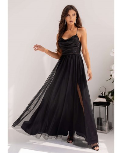 Rochie eleganta neagra din tulle si brocard cu bustul tip corset si umerii goi RubyW Rochii, Rochie eleganta neagra din tulle si brocard cu bustul tip corset si umerii goi RubyW - jojofashion.ro
