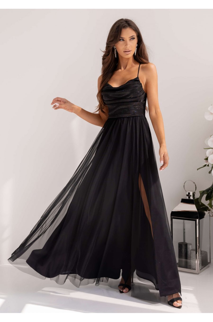 Rochie eleganta neagra din tulle si brocard cu bustul tip corset si umerii goi RubyW 1 - jojofashion.ro