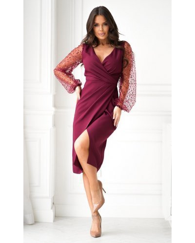 Rochie petrecuta midi burgundy cu paiete si maneca lunga Lavish Rochii burgundy, Rochie petrecuta midi burgundy cu paiete si maneca lunga Lavish - jojofashion.ro