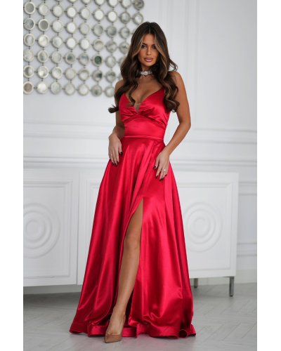 Rochii de nunta, Rochie rosie eleganta lunga din satin cu bust tip corset vaporoasa Saphira - jojofashion.ro
