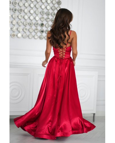 Rochii de nunta, Rochie rosie eleganta lunga din satin cu bust tip corset vaporoasa Saphira - jojofashion.ro