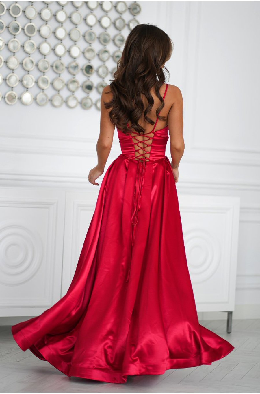 Rochie rosie eleganta lunga din satin cu bust tip corset vaporoasa Saphira 2 - jojofashion.ro