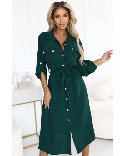 Rochii de toamna, Rochie tip camasa verde midi cu maneca lunga Asiyah - jojofashion.ro