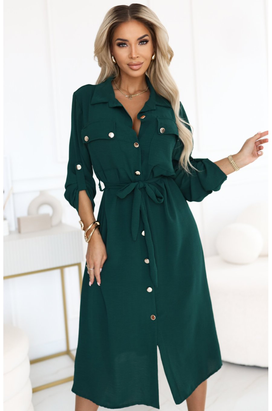 Rochie tip camasa verde midi cu maneca lunga Asiyah 1 - jojofashion.ro