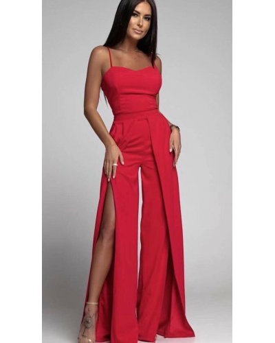 Salopeta eleganta evazata, rosie, crapata pe picior, Loressa - jojofashion.ro
