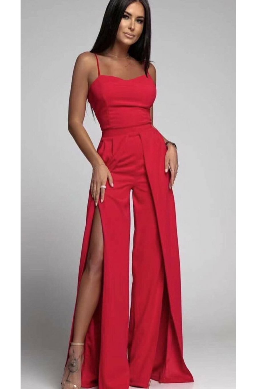 Salopeta eleganta evazata, rosie, crapata pe picior, Loressa Salopeta eleganta evazata, rosie, crapata pe picior, Loressa 1 - jojofashion.ro