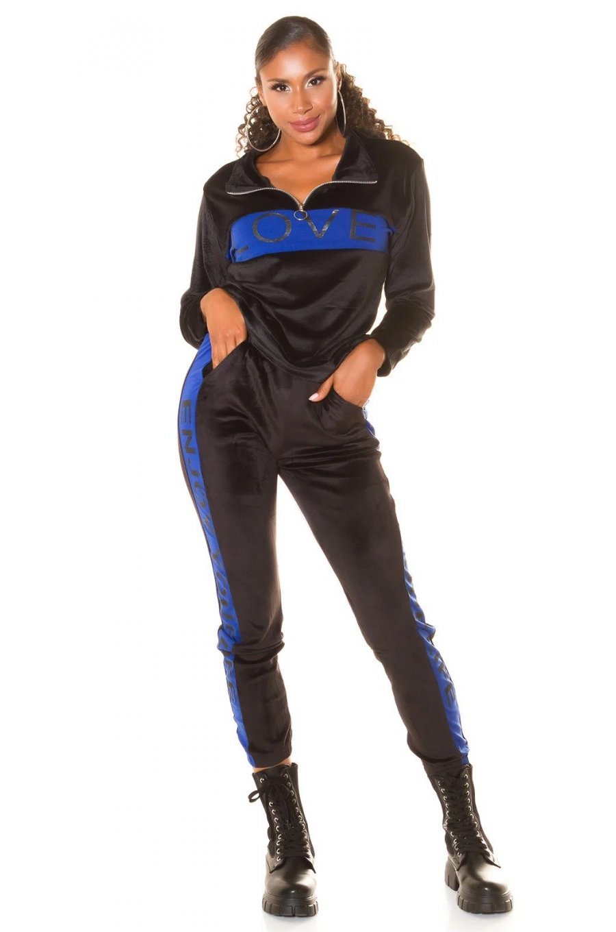 Trening dama casual, din catifea, negru cu print albastru electric Dalys 1 - jojofashion.ro