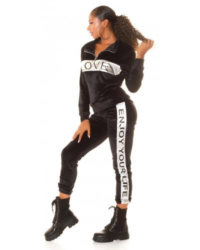 Trening dama casual, din catifea, negru cu print argintiu Dalys Treninguri dama, Trening dama casual, din catifea, negru cu print argintiu Dalys - jojofashion.ro