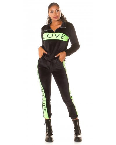 Trening dama casual, din catifea, negru cu print verde neon Dalys Treninguri dama, Trening dama casual, din catifea, negru cu print verde neon Dalys - jojofashion.ro