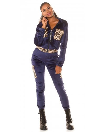 Trening dama casual, din catifea, bleumarin cu print leopard Laurette Treninguri dama, Trening dama casual, din catifea, bleumarin cu print leopard Laurette - jojofashion.ro