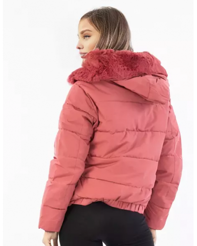 Geaca de dama de iarna roz cu gluga si blanita eco Farren Geci dama, Geaca de dama de iarna roz cu gluga si blanita eco Farren - jojofashion.ro