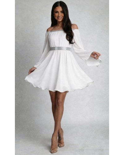 Rochie cununie civila scurta, din voal, alba, cu maneca lunga, vaporoasa, Alexia - jojofashion.ro