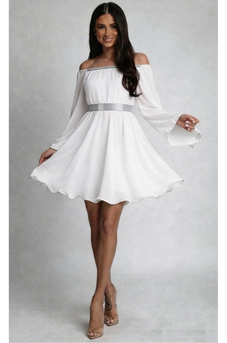 Rochie cununie civila scurta, din voal, alba, cu maneca lunga, vaporoasa, Alexia 1 - jojofashion.ro