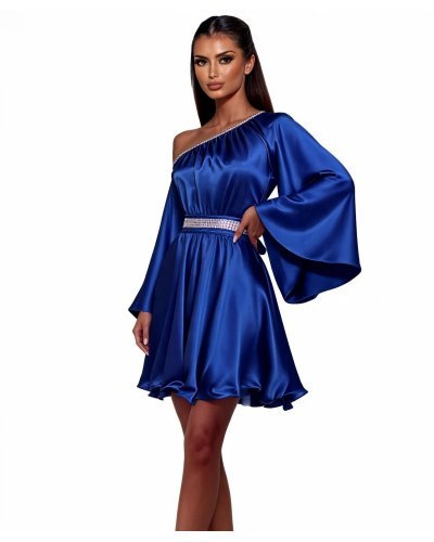 Rochii de nunta scurte, Rochie bay doll albastra din satin cu maneca lunga Melike  - jojofashion.ro