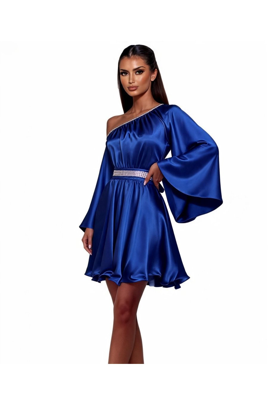 Rochie bay doll albastra din satin cu maneca lunga Melike  1 - jojofashion.ro