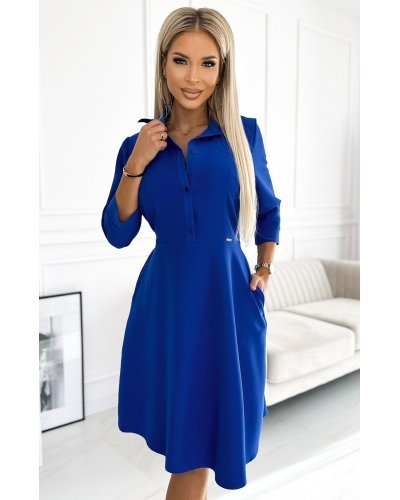 Rochie tip camasa albastra midi evazata Melina Rochii tip camasa, Rochie tip camasa albastra midi evazata Melina - jojofashion.ro