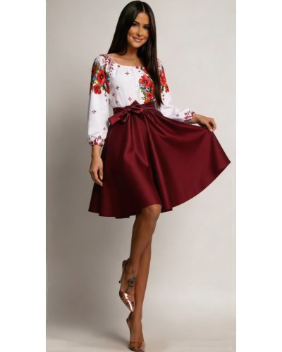 Rochii burgundy, Rochie traditionala midi din tafta burgundy cu maci Azra - jojofashion.ro