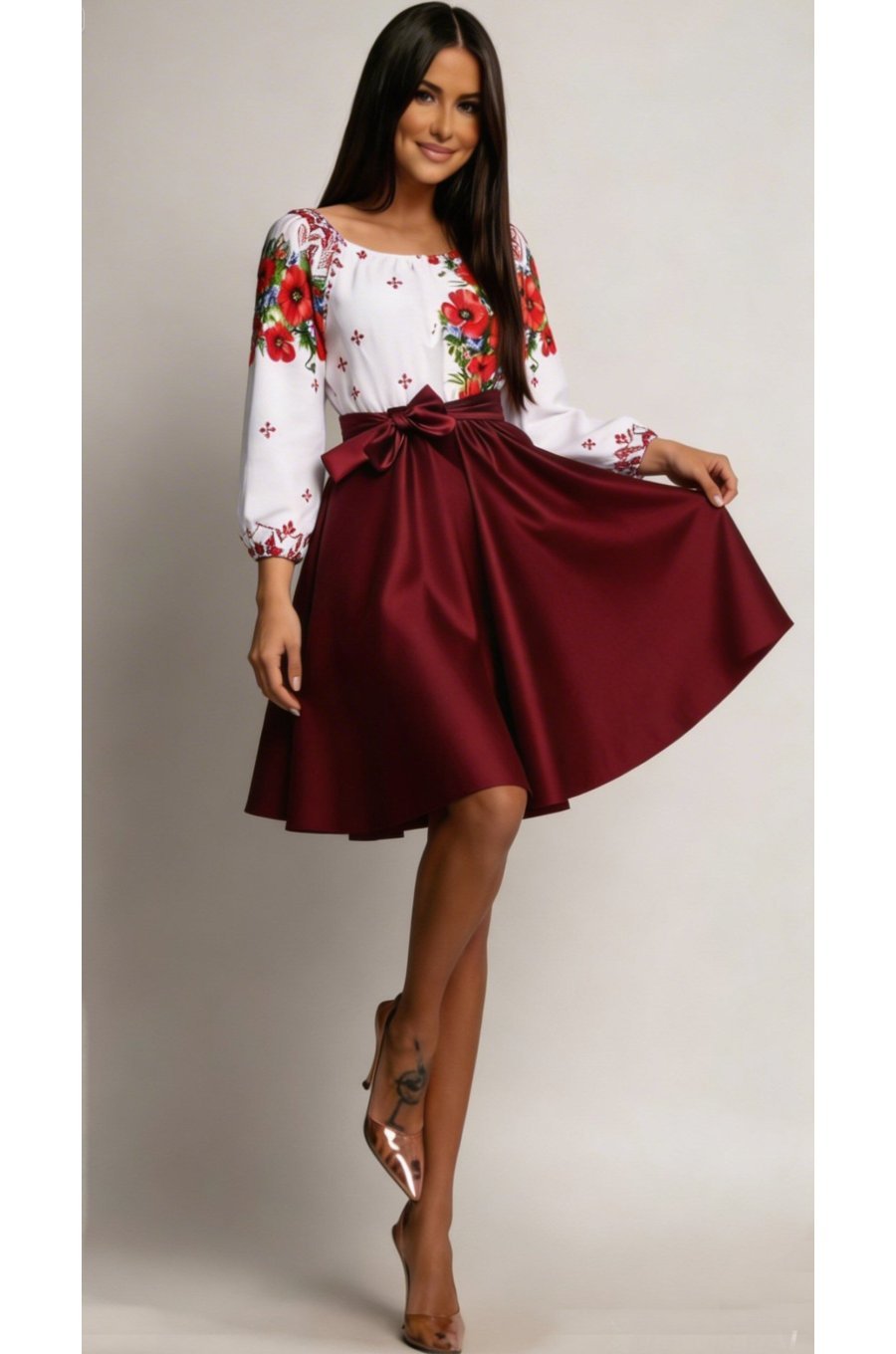 Rochie traditionala midi din tafta burgundy cu maci Azra 1 - jojofashion.ro