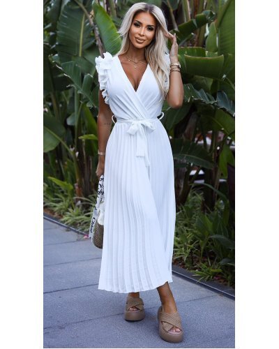 Rochie alba plisata din voal cu volane vaporoasa Aleyna Rochii de zi, Rochie alba plisata din voal cu volane vaporoasa Aleyna - jojofashion.ro