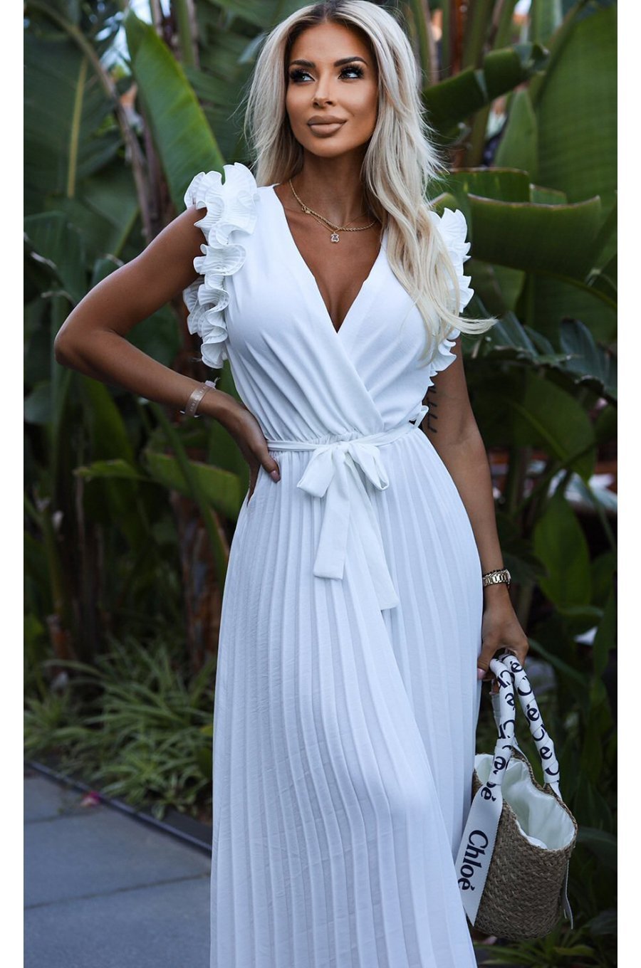 Rochie alba plisata din voal cu volane vaporoasa Aleyna 2 - jojofashion.ro