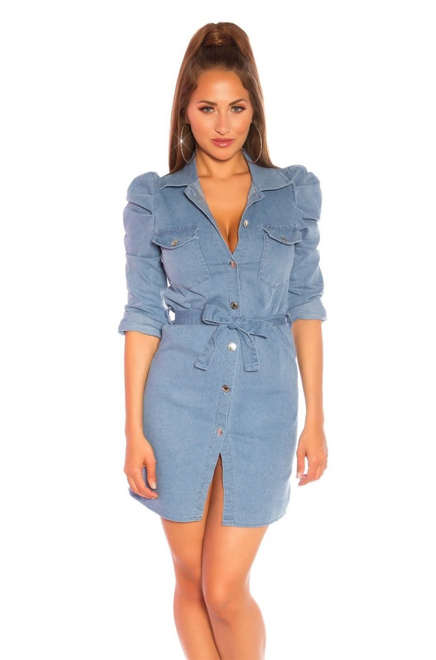 Rochie casual scurta de blugi tip camasa bleu Malika 1 - jojofashion.ro