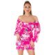 Rochie de vara scurta roz ciclam cu flori Macarena 2 - jojofashion.ro