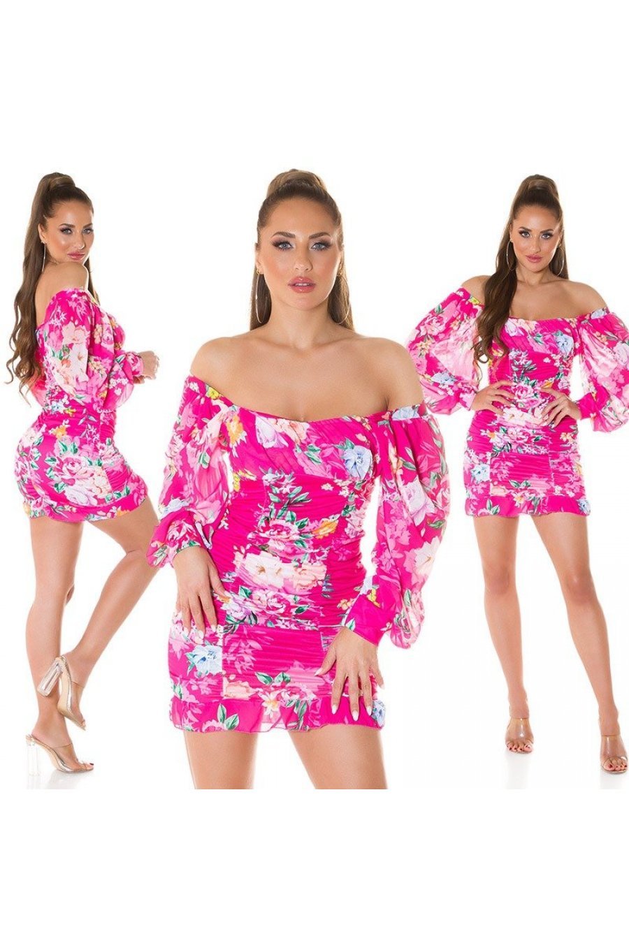 Rochie de vara scurta roz ciclam cu flori Macarena 5 - jojofashion.ro