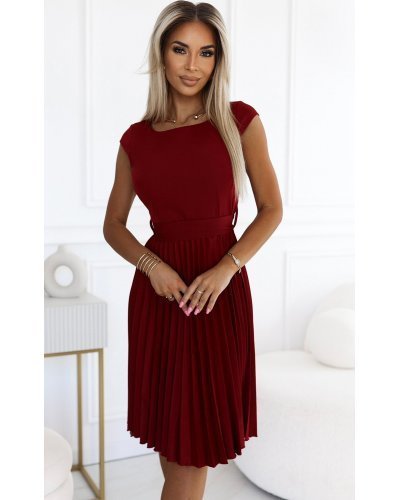 Rochie midi burgundy plisata Karima  Rochii de zi, Rochie midi burgundy plisata Karima  - jojofashion.ro
