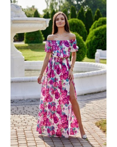 Rochie lunga, ecru cu flori roz, cu umerii goi, vaporoasa, Madlena Rochii de zi, Rochie lunga, ecru cu flori roz, cu umerii goi, vaporoasa, Madlena - jojofashion.ro
