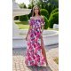 Rochie de zi lunga, ecru cu flori roz, cu umerii goi, vaporoasa, Madlena 2 - jojofashion.ro