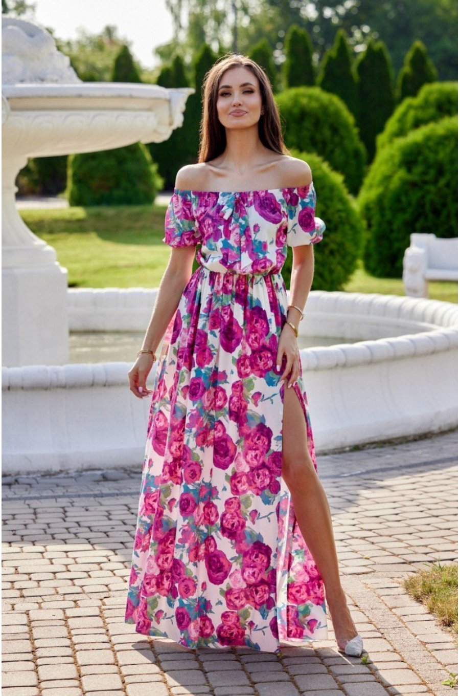 Rochie de zi lunga, ecru cu flori roz, cu umerii goi, vaporoasa, Madlena 1 - jojofashion.ro