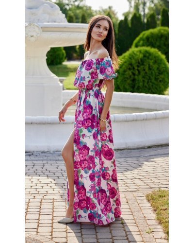 Rochie lunga, ecru cu flori roz, cu umerii goi, vaporoasa, Madlena Rochii de zi, Rochie lunga, ecru cu flori roz, cu umerii goi, vaporoasa, Madlena - jojofashion.ro