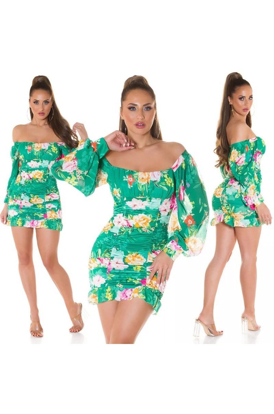 Rochie de vara scurta verde cu flori boho Macarena Rochie de vara scurta verde cu flori boho Macarena 6 - jojofashion.ro