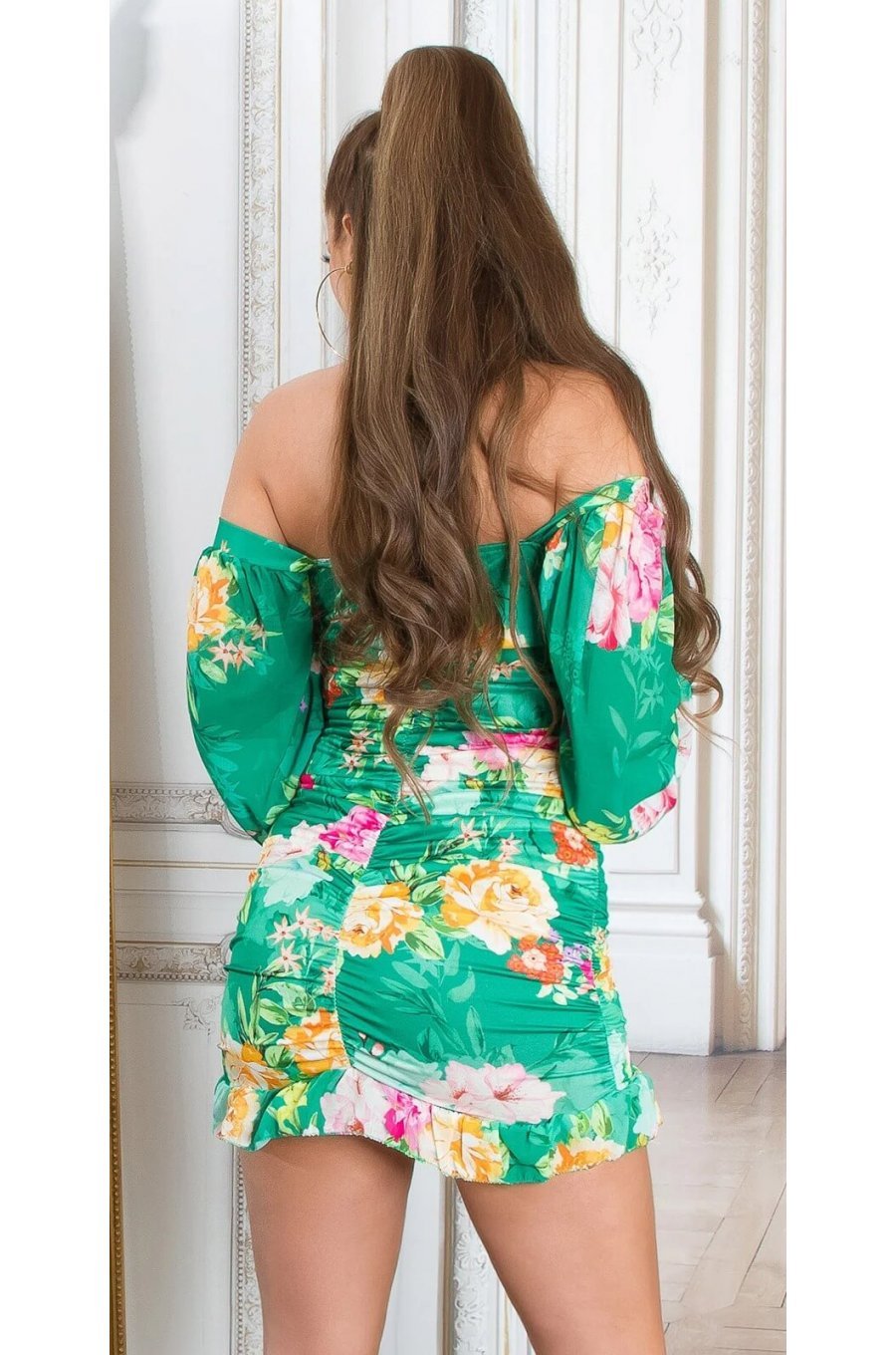 Rochie de vara scurta verde cu flori boho Macarena Rochie de vara scurta verde cu flori boho Macarena 2 - jojofashion.ro
