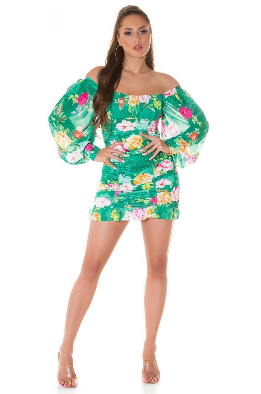 Rochie de vara scurta verde cu flori boho Macarena Rochie de vara scurta verde cu flori boho Macarena 4 - jojofashion.ro