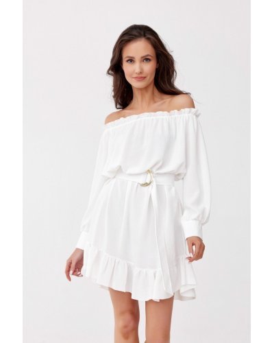 Rochie scurta alba cu volane si umerii goi Hilda Rochii de zi, Rochie scurta alba cu volane si umerii goi Hilda - jojofashion.ro
