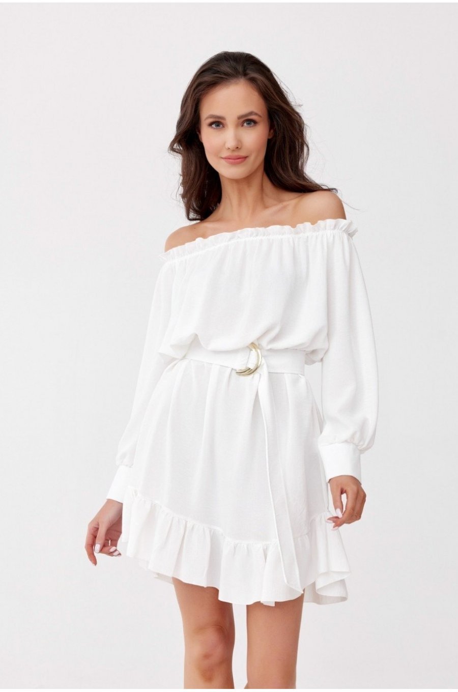 Rochie scurta alba cu volane si umerii goi Hilda 1 - jojofashion.ro
