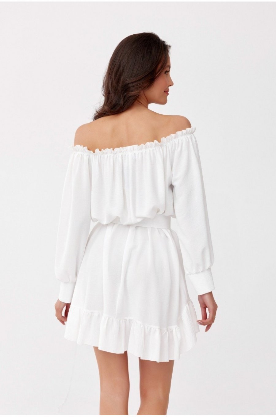 Rochie scurta alba cu volane si umerii goi Hilda 2 - jojofashion.ro